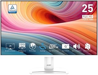 MSI PRO MP251W E2 24,5-дюймовый IPS-монитор с разрешением 1920 x 1080 (FHD), предназначенный для игр и работы, 120 Гц, Adaptive-Sync, поддержка HDR, HDMI, VGA, DisplayPort, крепление VESA, регулировка наклона, встроенные динамики, тонкая рамка с 4 сторон, время отклика 1 мс, белый цвет.