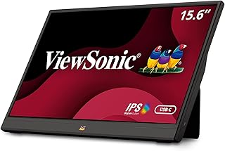 Портативный монитор ViewSonic VA1655 с диагональю 15,6 дюймов, разрешением 1080p, IPS-матрицей, встроенной подставкой, блоком питания 60 Вт, разъемом USB-C, разъемом Mini HDMI, защитным чехлом и колонками для ПК, Mac, игровых консолей и телефонов.