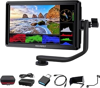 Комплект FEELWORLD S55 V3 с 6-дюймовым полевым монитором для цифровой зеркальной камеры: IPS-экран Full HD, HDMI-вход/выход 4K, поворотный кронштейн, выход питания, аккумулятор и чехол для переноски в комплекте.