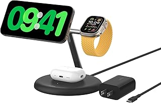 Беспроводная зарядная подставка Belkin MagSafe 3-в-1 мощностью 15 Вт — сертифицированная по стандарту Qi2 беспроводная зарядная станция, быстрая зарядка iPhone 16, AirPods и Apple Watch — в комплекте 36 Вт — черная