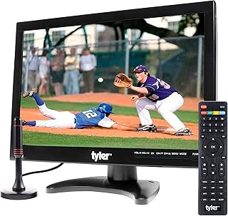 Портативный ЖК-телевизор Tyler 14 дюймов, разрешение 1080p, работающий от перезаряжаемой литиевой батареи, с 2 антеннами, HDMI, USB, RCA, FM-радио, цифровым тюнером, AV-входами, разъемом AC/DC, подставкой для телевизора и пультом дистанционного управления для поездок на автомобиле.
