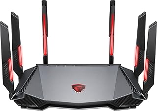 Игровой трехдиапазонный маршрутизатор MSI Radix AXE6600 WiFi 6E, AI QoS, RGB-подсветка, четырехъядерный процессор 1,8 ГГц, MU-MIMO, гигабитная беспроводная связь, 8 потоков, высокая скорость и большой радиус действия.