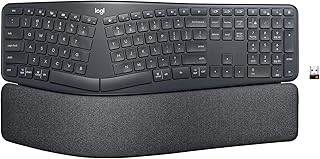Беспроводная эргономичная клавиатура Logitech ERGO K860 — разделенная клавиатура, подставка для запястий, естественный набор текста, ткань с защитой от пятен, подключение по Bluetooth и USB, совместимость с Windows/Mac, черный цвет.