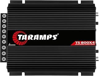 Многоканальный стереоусилитель Taramps TS 800x4 2 Ом, черный, 800 Вт RMS, 4 канала, полный диапазон, автомобильная аудиосистема, цифровое мостовое подключение, кроссовер (высоко/низкочастотный), RCA-разъем и автоматический вход высокого уровня.