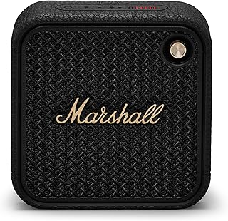 Портативная Bluetooth-колонка Marshall Willen II — чёрная с латунной отделкой.