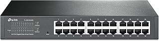 TP-Link 24-портовый гигабитный коммутатор с простым интеллектуальным управлением, функцией Plug & Play, настольным/стоечным монтажом, прочным металлическим корпусом и экранированными портами, поддержкой QoS, VLAN, IGMP и LAG (TL-SG1024DE), черный.