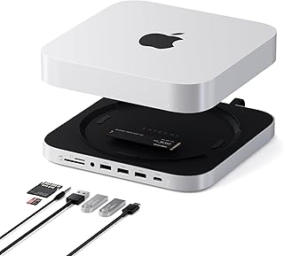 Satechi Mac mini Hub & Stand с корпусом для SSD NVME/SATA M.2, док-станция для Mac mini с портами USB C 10 Гбит/с, 3 портами USB A 5/10 Гбит/с, аудиоразъемом 2.0, для Mac Studio, Mac mini M2/M1 (несовместимо с M4) - серебристый