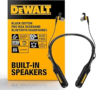 Наушники DEWALT Heavy Duty Black Edition 2-в-1 с шейным ободком, встроенными динамиками, возможностью ношения на рабочем месте и на шее, беспроводная гарнитура, более 60 часов воспроизведения музыки и звонков в режиме громкой связи, чехол для переноски.