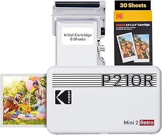 Портативный фотопринтер Kodak Mini 2 Retro 4PASS, размер 2,1 x 3,4 дюйма, комплект из 38 листов, белый.