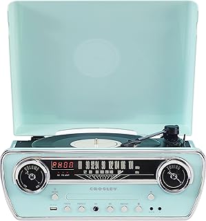 Crosley CR6047A-AB Powel 7-в-1 проигрыватель виниловых пластинок с Bluetooth (вход/выход), AM/FM-радио, CD-проигрыватель и AUX-вход, цвет бирюзовый.