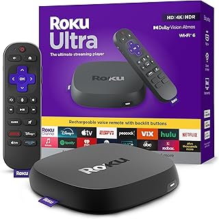 Roku Ultra — Лучший стриминговый плеер — Устройство для потоковой передачи 4K-контента на телевизор с поддержкой HDR10+, Dolby Vision и Atmos — Bluetooth и Wi-Fi — Перезаряжаемый пульт дистанционного управления Voice Remote Pro с подсветкой кнопок — Бесплатное и прямое телевидение