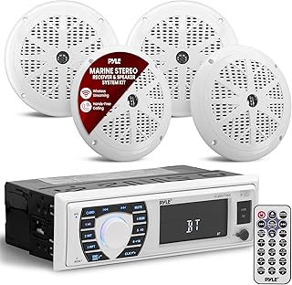 Комплект морской радиостанции Pyle с акустической системой, 12 В, однодиновая, с Bluetooth, водонепроницаемая, цифровая, для установки в приборную панель лодки, с микрофоном, 4 динамиками, пультом дистанционного управления и жгутом проводов PLMRKT38W (белый)