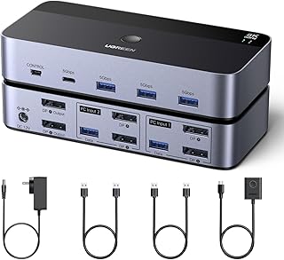 KVM-переключатель UGREEN 8K@60Hz Displayport для 2 мониторов и 2 компьютеров, алюминиевый корпус с 4 портами USB 3.0 для совместного использования двух мониторов, клавиатуры, мыши и принтера, а также 2 USB-кабелями, адаптером питания и контроллером.