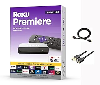Roku 3920RW-SW Premiere — медиаплеер для потоковой передачи 4K/HDR, с поддержкой высокоскоростного HDMI-кабеля и простым пультом дистанционного управления, Wi-Fi, HDMI-кабелем и удлинительным USB-кабелем.