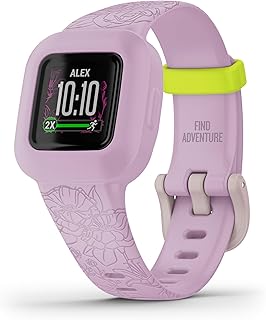 Garmin vivofit jr. 3, фитнес-трекер для детей, включает интерактивное приложение, подходит для плавания, срок службы батареи до 1 года, цвет сиреневый с цветочным узором.