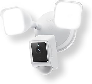 Прожектор WYZE Floodlight Camera v2, уличная камера видеонаблюдения, разрешение 2K HD с цветным ночным видением, светодиоды 2800 люмен, широкий угол обзора 160°, сирена 105 дБ, совместима с Alexa и Google Assistant, проводное подключение, бесплатная техническая поддержка.