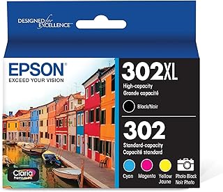 Комплект из 302 картриджей EPSON Claria Premium с чернилами большой емкости (черный и стандартный цветной, T302XL-BCS) совместим с принтерами Expression Premium XP-6000 и XP-6100.