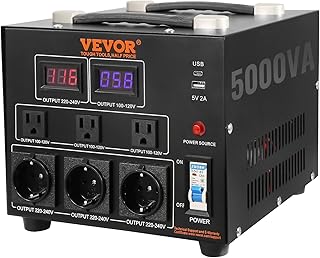 Преобразователь напряжения VEVOR, 5000 Вт, мощный повышающий/понижающий трансформатор, преобразует напряжение со 110 В в 220 В и с 220 В в 110 В, с розеткой стандарта США, розеткой стандарта ЕС, USB-портом 5 В, сертифицирован CE.