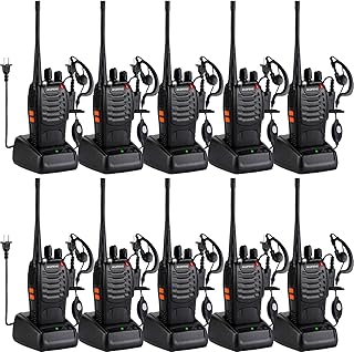 Рации Baofeng Walkie Talkies 888S с перезаряжаемым аккумулятором и наушниками для взрослых, 16-канальные профессиональные портативные двухсторонние радиостанции, литий-ионный аккумулятор и зарядное устройство в комплекте (10 штук с 10 наушниками).