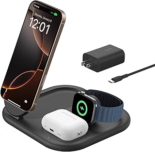 Зарядное устройство Belkin 3-в-1 MagSafe-совместимое для iPhone, 15 Вт, складная магнитная беспроводная зарядная станция с сертификацией Qi2 для iPhone 16, Apple Watch Series 10, AirPods 4 и других устройств, с нескользящей подставкой и блоком питания — черное.