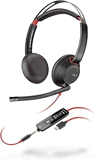 Проводная гарнитура Poly Blackwire 5220 (Plantronics) с гибким микрофоном на штанге и шумоподавлением, эргономичным дизайном — для ПК/Mac, мобильных устройств через USB-C, USB-A, 3,5 мм — совместима с Teams, Zoom — эксклюзивно на Amazon (9P7X6AA)