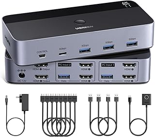 UGREEN HDMI KVM-переключатель для 2 мониторов и 2 компьютеров с разрешением 4K@60Hz, 4 портами USB 3.0 для совместного использования 2 мониторов двумя компьютерами, клавиатурой, мышью и принтером, а также 4 кабелями HDMI, 2 кабелями USB, адаптером питания и контроллером.
