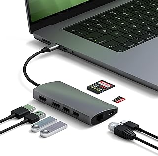Многопортовый адаптер Satechi 8 в 1 USB C Hub V2, 4K HDMI, зарядка USB C PD 115 Вт, 3 порта USB-A, Ethernet, кардридеры Micro/SD, для ноутбука, MacBook Pro/Air M4/M3/M2/M1, iPad, iPhone 16, Windows - космический серый