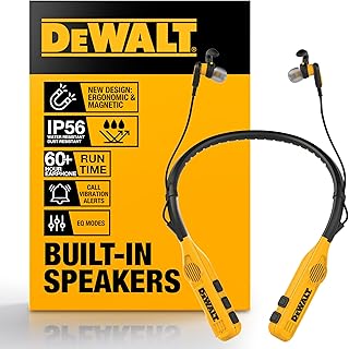 Наушники DEWALT Heavy Duty 2-в-1 с шейным ободком, встроенными динамиками, портативная колонка для использования на строительной площадке и наушники на шею, беспроводная Bluetooth-гарнитура, более 60 часов работы в режиме громкой связи/звонков, чехол для переноски.