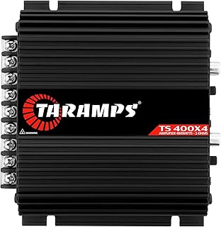 Автомобильный аудиоусилитель Taramps TS 400x4 черного цвета с автоматическим переключением высокого уровня входного сигнала, мощностью 400 Вт RMS, 4 канала, полнодиапазонный, RCA-вход, класс D, 2 мостовых канала, многоканальная система усиления.