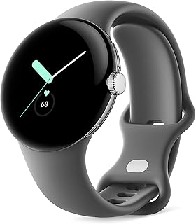 Google Pixel — умные часы на Android с функцией отслеживания активности Fitbit — часы с отслеживанием сердечного ритма — корпус из полированной нержавеющей стали серебристого цвета с ремешком Charcoal Active — LTE