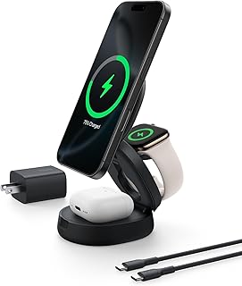 Беспроводная зарядная станция Belkin MagSafe 3-в-1 Qi2 мощностью 15 Вт, трансформируемое беспроводное зарядное устройство для iPhone 16, Apple Watch, AirPods, портативная подставка для телефона для путешествий с адаптером 36 Вт — черная.