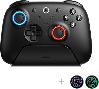 Контроллер 8Bitdo Ultimate 2 Bluetooth с джойстиками TMR, переключаемыми триггерами на основе эффекта Холла/тактильными триггерами, вибрацией, управлением движением, RGB-подсветкой Fire Ring и кнопками на задней панели для Switch/Switch 2 и Windows PC — черный.