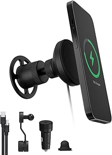 Крепление Mophie Qi2 snap+ на вентиляционную решетку с магнитной загрузкой и беспроводной зарядкой — быстрое зарядное устройство Qi мощностью 15 Вт для iPhone 16/15/14/13/12, универсальное автомобильное крепление, автомобильный адаптер питания 30 Вт в комплекте, USB-C, черный.