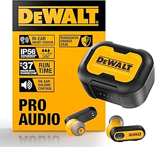 Наушники DEWALT Heavy Duty True Wireless Ear Buds, Bluetooth-наушники с зарядным кейсом Type-C в комплекте, более 30 часов автономной работы, простая настройка для iPhone, идеально подходят для работы на стройплощадке и на открытом воздухе, желтый цвет.