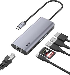 Belkin USB-C концентратор, многопортовая док-станция 6-в-1 с HDMI 4K, сквозной зарядкой USB-C 100 Вт PD, 2 портами USB A, гигабитным Ethernet-портом и слотом для SD-карт для MacBook Pro, Air, iPad Pro, XPS и других устройств.