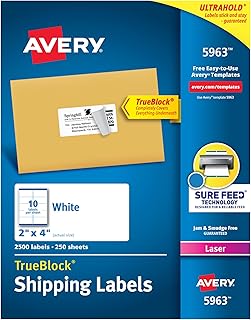 Наклейки для отправки Avery Printable Shipping Labels с системой Sure Feed, 2" x 4", белые, 2500 пустых почтовых наклеек, отлично подходят для отправки почты, доставки и многого другого (5963)
