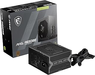 Блок питания MSI MAG A650BE для игр — сертифицирован по стандарту 80 Plus Bronze, 650 Вт — полумодульный — малошумный, формат ATX.