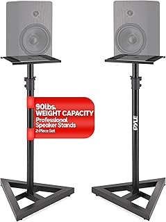 Подставка для колонок Pyle, пара держателей Sound Play 1 и 3 — телескопическая, регулируемая по высоте от 26 до 52 дюймов, прочное трехточечное треугольное основание с шипами для пола и квадратной платформой 9 дюймов, черная.