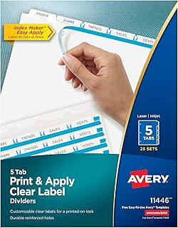 Разделители Avery с 5 вкладками для папки с 3 кольцами, прозрачная полоска для печати и нанесения этикеток, белые вкладки для создания индексов, 25 комплектов (11446)