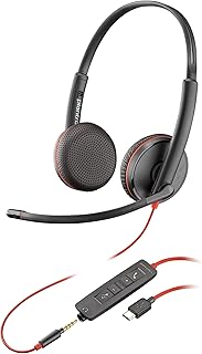 Проводная гарнитура Poly Blackwire 3225 (Plantronics) — микрофон с шумоподавлением — стереофоническая конструкция — подключение к ПК/Mac/мобильным устройствам через USB-C, USB-A или 3,5 мм — работает с Teams и Zoom — эксклюзивно на Amazon
