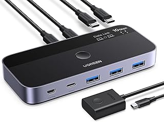 UGREEN 10 Гбит/с USB-C коммутатор поддерживает синхронизацию файлов и перетаскивание между экранами, USB-C 3.2 коммутатор позволяет двум компьютерам совместно использовать 4 порта USB 3.2 Gen 2, а также позволяет использовать клавиатуру и мышь совместно с контроллером.