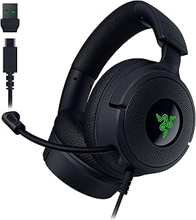 Проводная игровая гарнитура Razer Kraken V4 X: 40-мм драйверы, кардиоидный микрофон, амбушюры из пены с эффектом памяти, RGB-подсветка Chroma, кабели Type-C и Type-A, совместима с ПК, Mac, PS5, Nintendo Switch, Steam Deck и смартфонами.