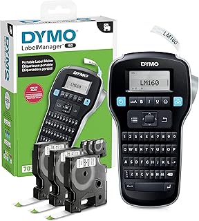 Портативный этикеточный принтер DYMO LabelManager 160 в комплекте, простой в использовании, с сенсорными клавишами, QWERTY-клавиатура, большой дисплей, для организации пространства дома и в офисе, включает 3 кассеты с этикетками D1.