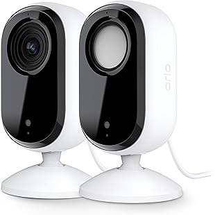 Камера видеонаблюдения Arlo Essential 2K | Только для использования внутри помещений | 2-е поколение | Видеоняня и камера для наблюдения за животными, проводное подключение, автоматическая защита конфиденциальности, двусторонняя аудиосвязь, ночное видение, прямая трансляция, оповещения о движении, белый цвет, 2 камеры