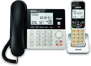 Проводной/беспроводной телефон VTech VG208 DECT 6.0 для дома с автоответчиком, блокировкой вызовов, определением номера звонящего, большим дисплеем с подсветкой, двусторонней громкой связью, внутренней связью и питанием от линии (серебристый/черный)