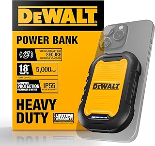 DEWALT Мощный магнитный внешний аккумулятор 5000 мАч, прочное беспроводное портативное зарядное устройство, быстрая зарядка 18 Вт, USB-C — USB-C с USB-адаптером, 1,2 м, водостойкий, совместим с MagSafe для iPhone 16/15/14