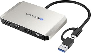 Адаптер WAVLINK USB C и USB 3.0 для подключения двух мониторов 4K DisplayPort/HDMI, разветвитель DisplayLink для расширения рабочего пространства двух мониторов 4K@60Hz, разветвитель HDMI/DP, совместимый с Mac M1-M4 и ноутбуками Windows, серебристый.
