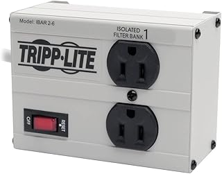 Сетевой фильтр Tripp Lite IBAR2-6D Isobar с двумя розетками, шнуром длиной 1,8 м, угловой вилкой, металлическим корпусом, пожизненной ограниченной гарантией и страховкой на 25 000 долларов.