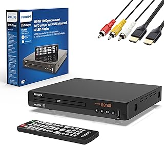 DVD-плеер Philips для телевизора с HDMI-портом, разрешением 1080p, поддержкой всех регионов, поддержкой Smart TV, USB-входом, пультом дистанционного управления, мини-DVD/CD-плеером для домашней стереосистемы, кабелями HDMI и RCA в комплекте.