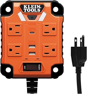 Сетевой фильтр Klein Tools 29601 с магнитным управлением и защитой от перенапряжения, удлинитель, 4 розетки, 3 USB-порта, 1,5-метровый шнур, блок питания с подсветкой, PowerBox 1, для тяжелых условий эксплуатации.